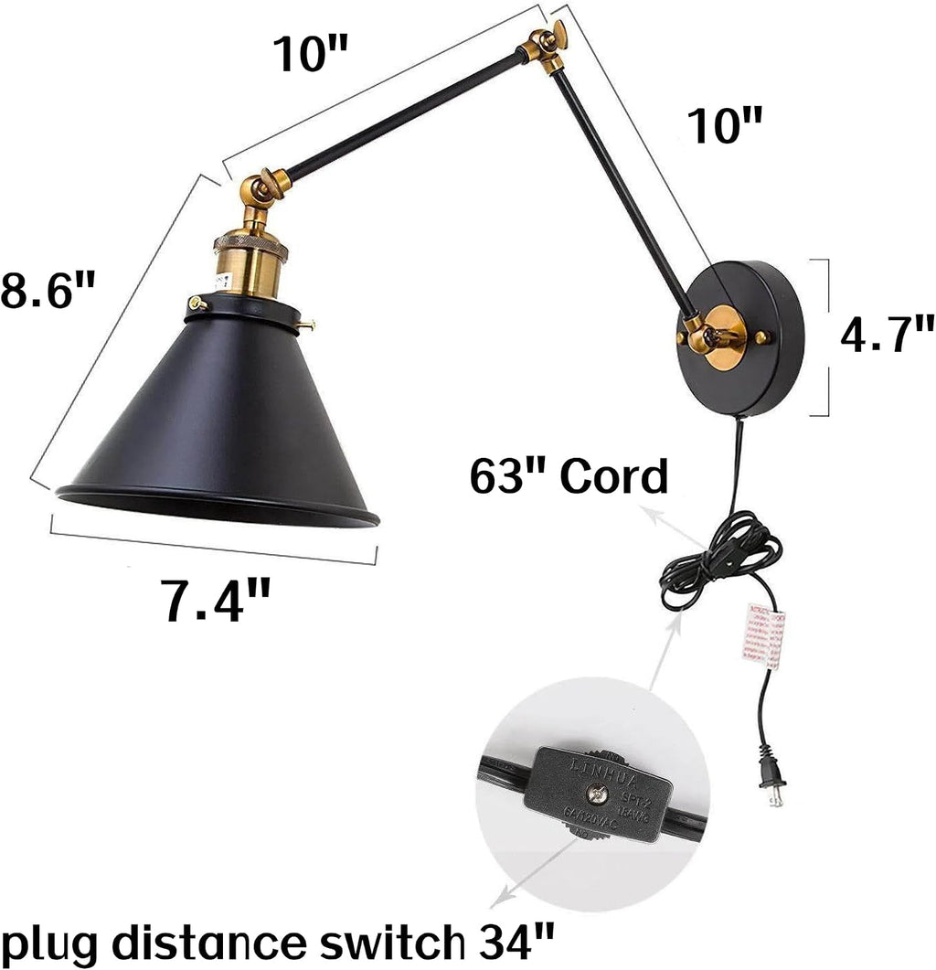 Black Industrial Swing‑Arm Adjustable Wall Sconce 2‑Pack
