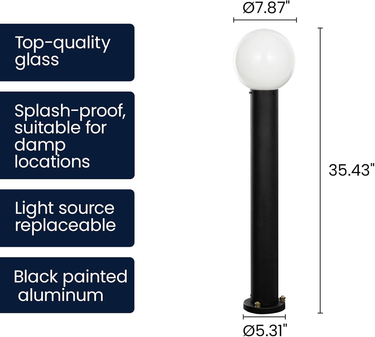 35.5‑Inch Black Opal‑Glass Outdoor Bollard Light