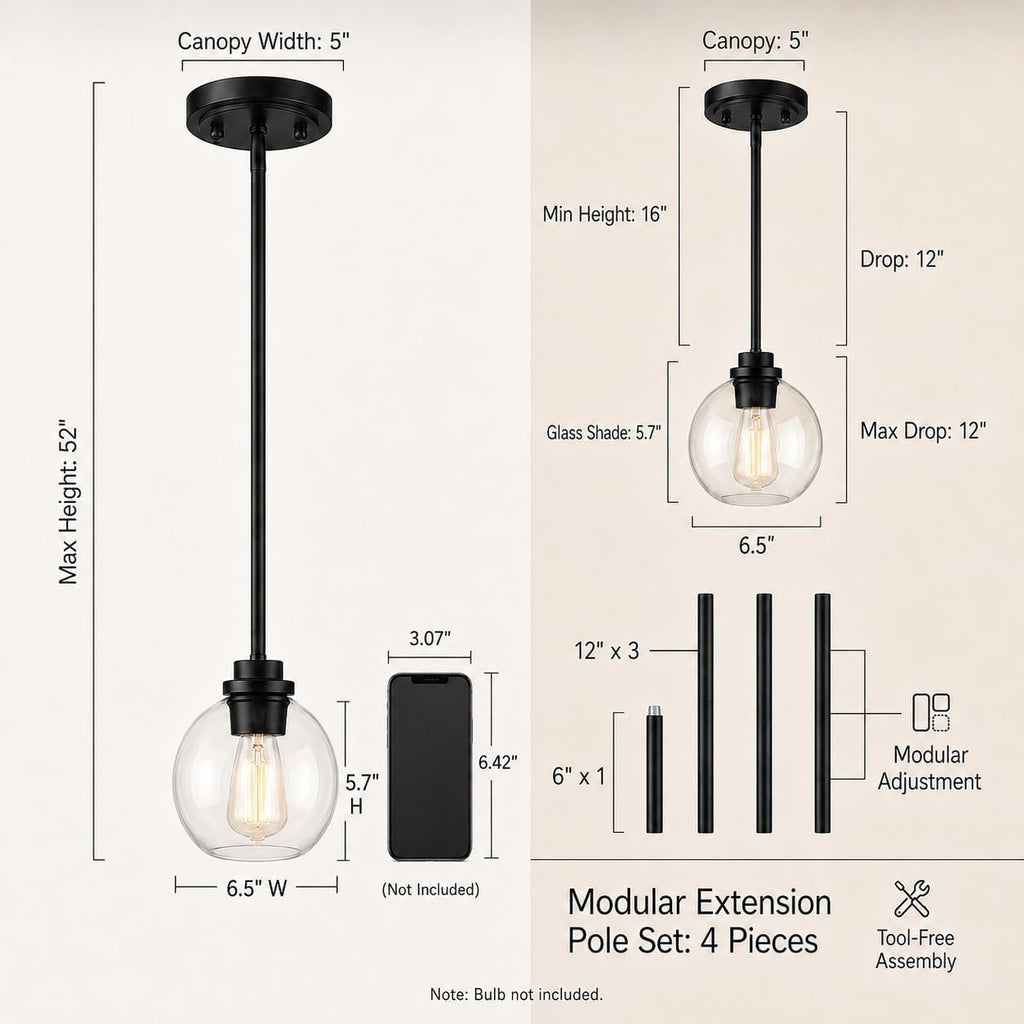Black Clear‑Globe Globe Pendant Light 1‑Pack
