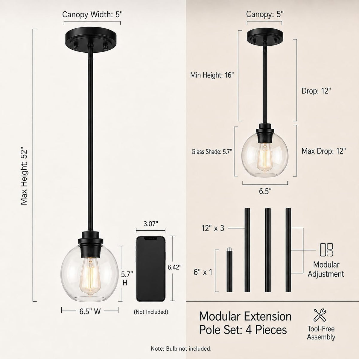 Black Clear‑Globe Globe Pendant Light 1‑Pack