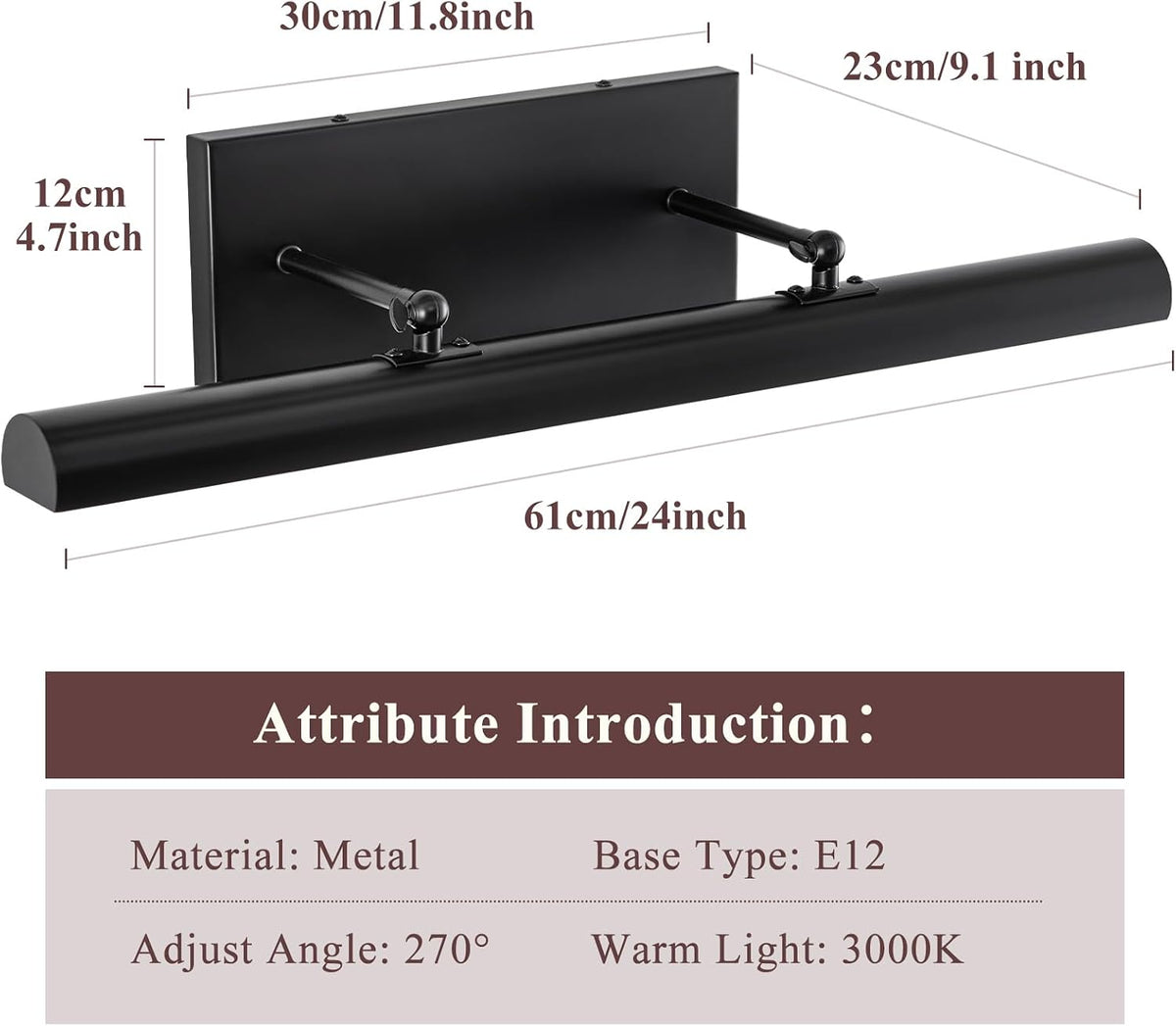 24‑Inch Black Hardwired 3‑Light Swing‑Arm Picture Light