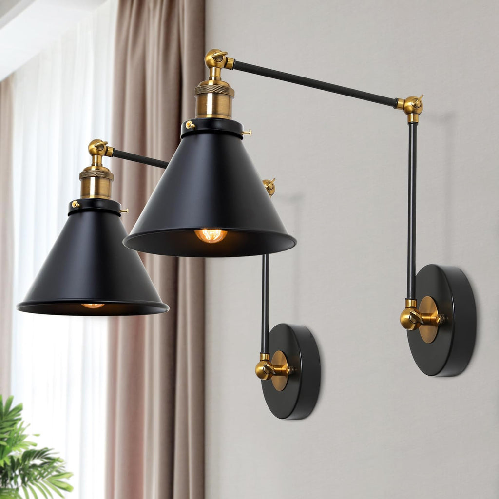 Black Industrial Swing‑Arm Adjustable Wall Sconce 2‑Pack