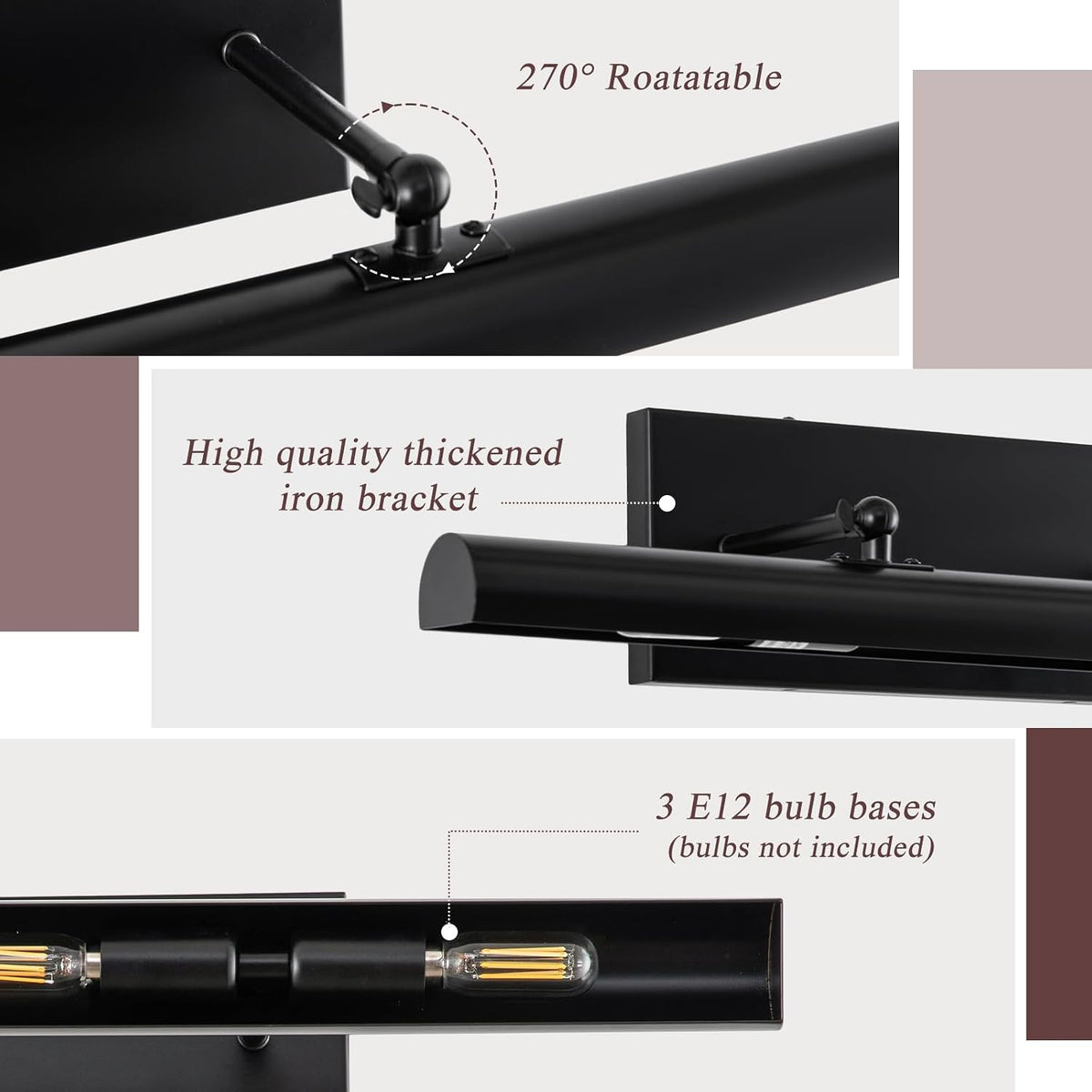 24‑Inch Black Hardwired 3‑Light Swing‑Arm Picture Light