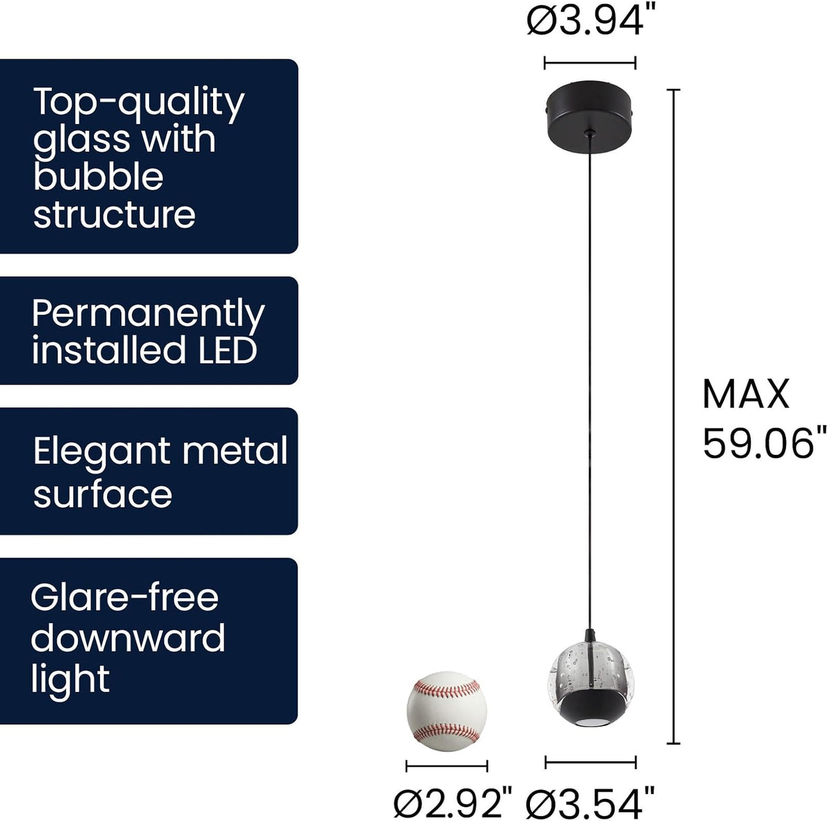3.5‑Inch Black Bubble‑Glass Single Pendant Light
