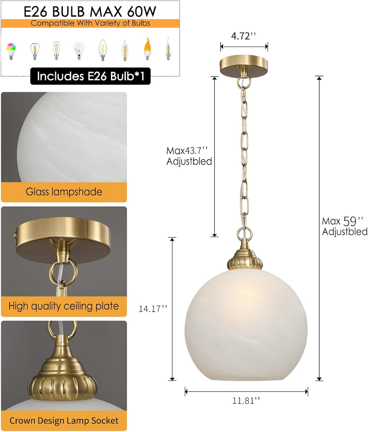 11.8‑Inch White Cloud‑Glass Brass Pendant Light
