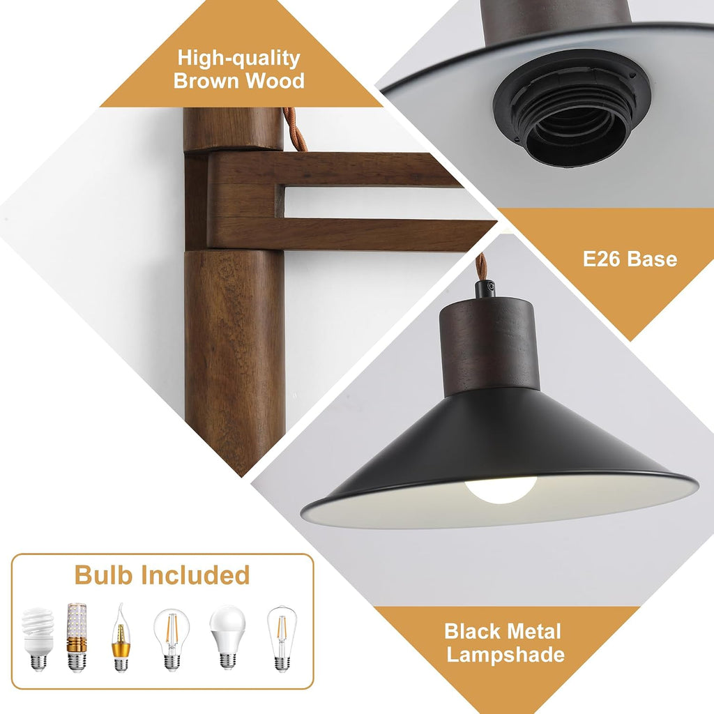Farmhouse Wood Swing‑Arm Plug‑In Wall Lamp