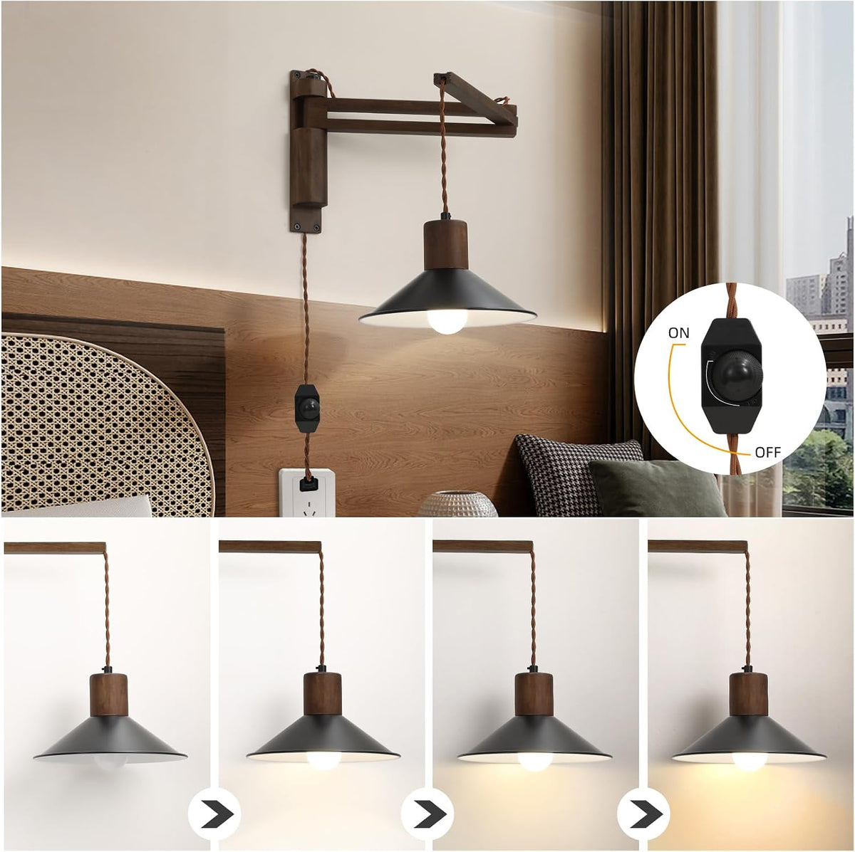 Farmhouse Wood Swing‑Arm Plug‑In Wall Lamp