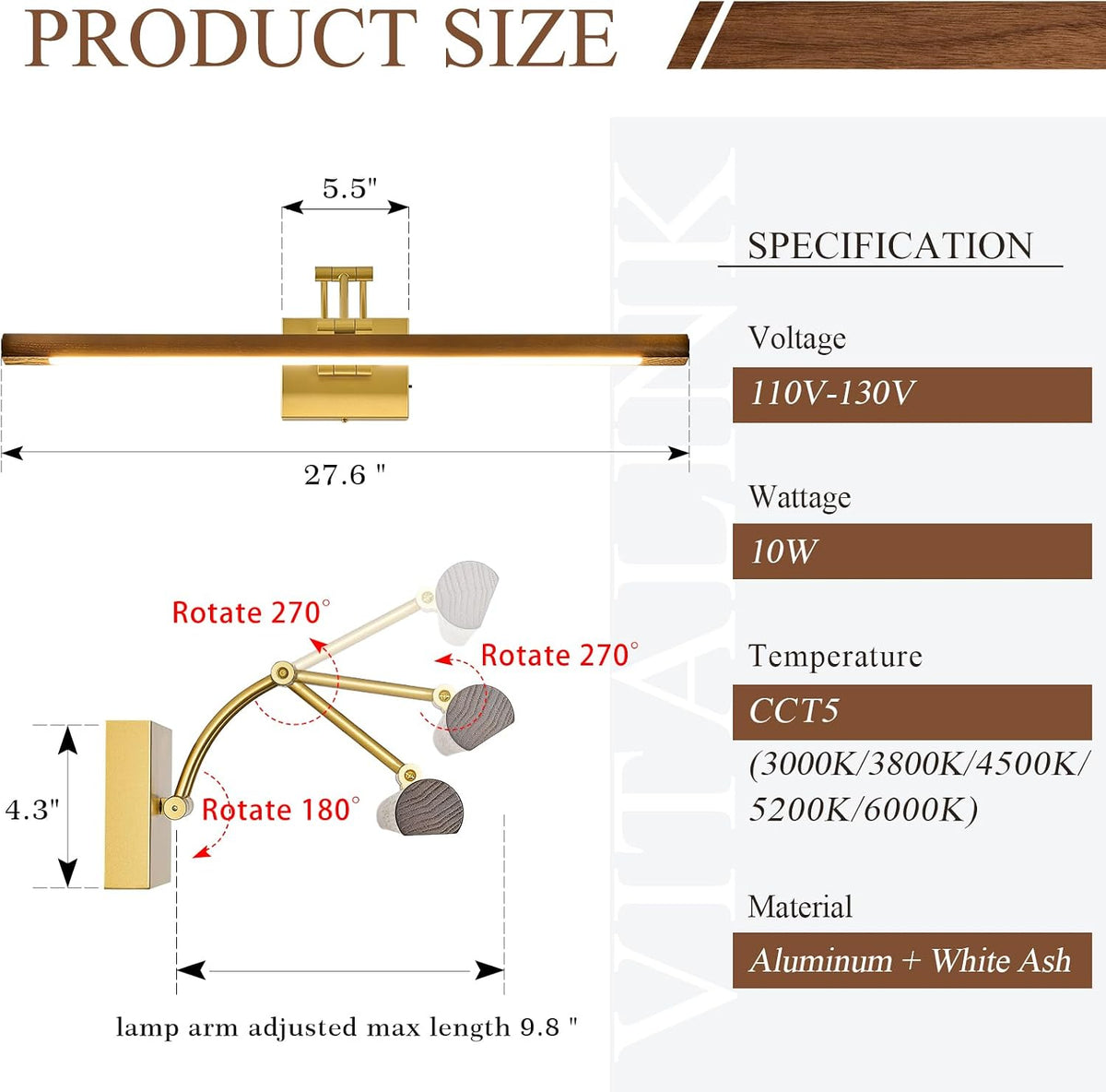27.5‑Inch Gold Wood Hardwired Picture Light