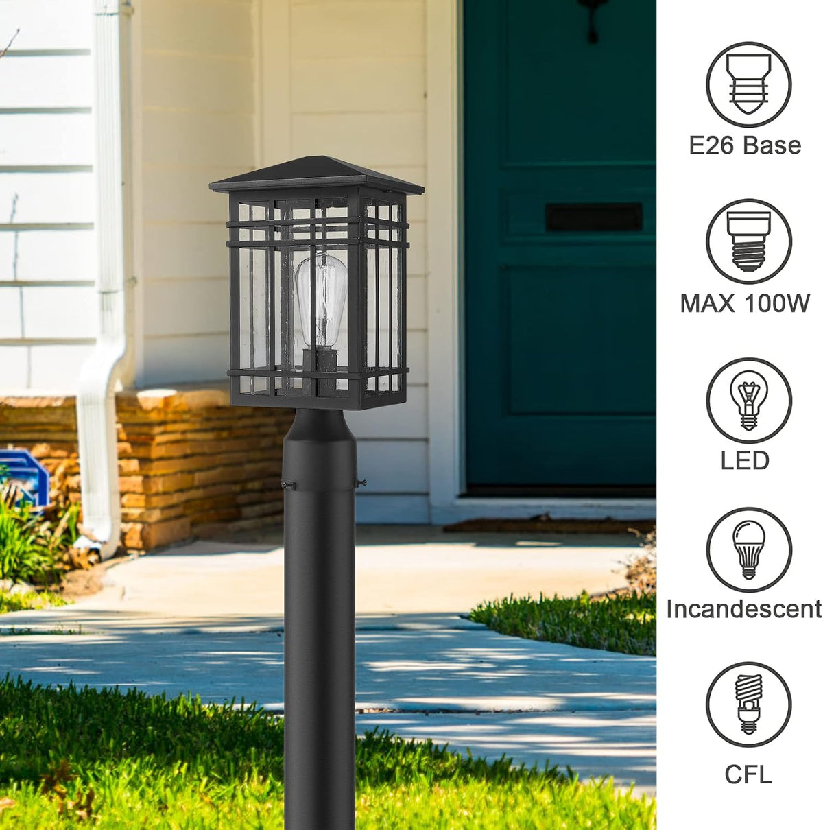 Black Seeded‑Glass Outdoor Post Lantern Fixture