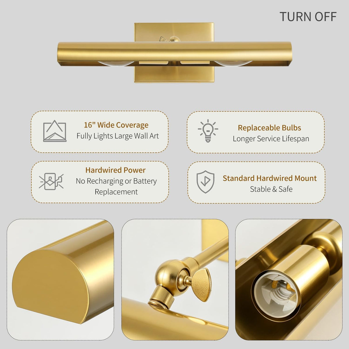 16‑Inch Gold Hardwired Library Picture Light