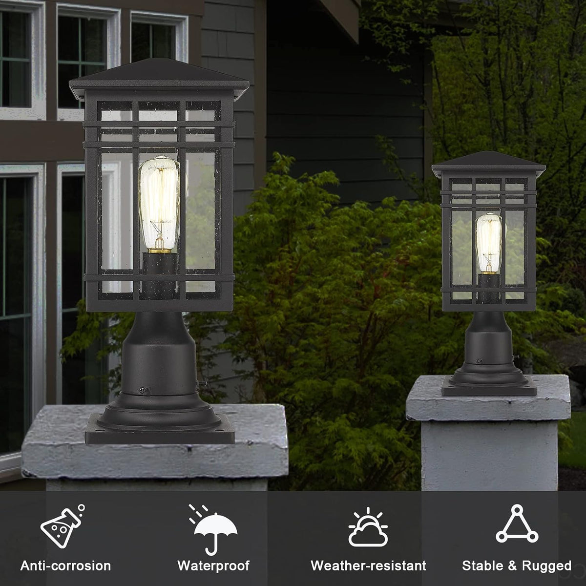 Black Seeded‑Glass Outdoor Post Lantern Fixture