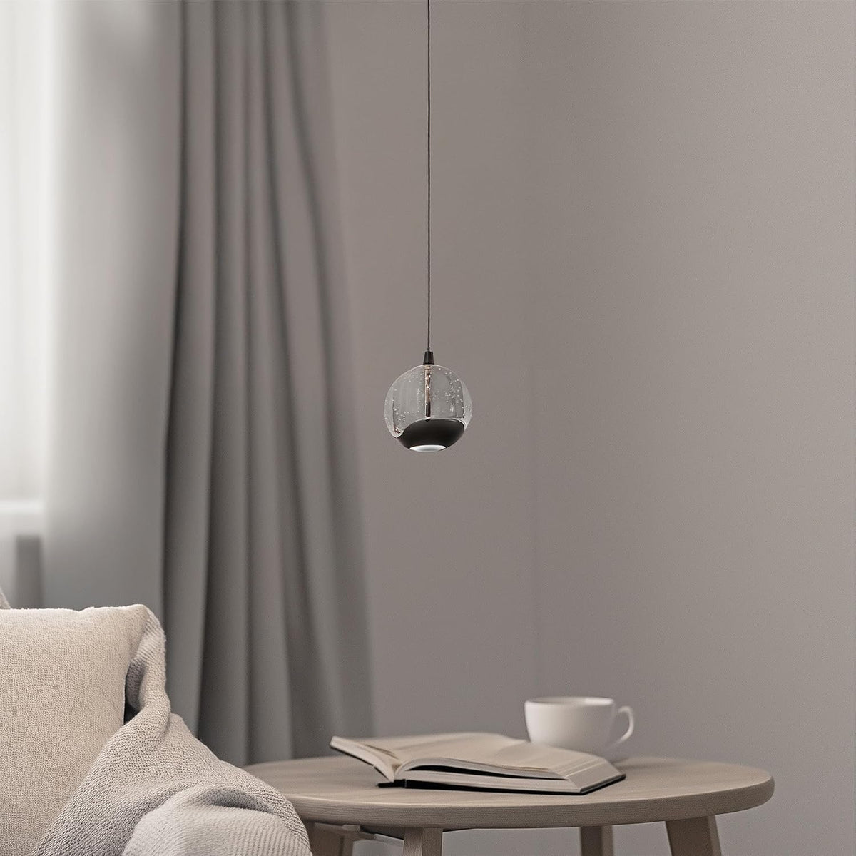 3.5‑Inch Black Bubble‑Glass Single Pendant Light