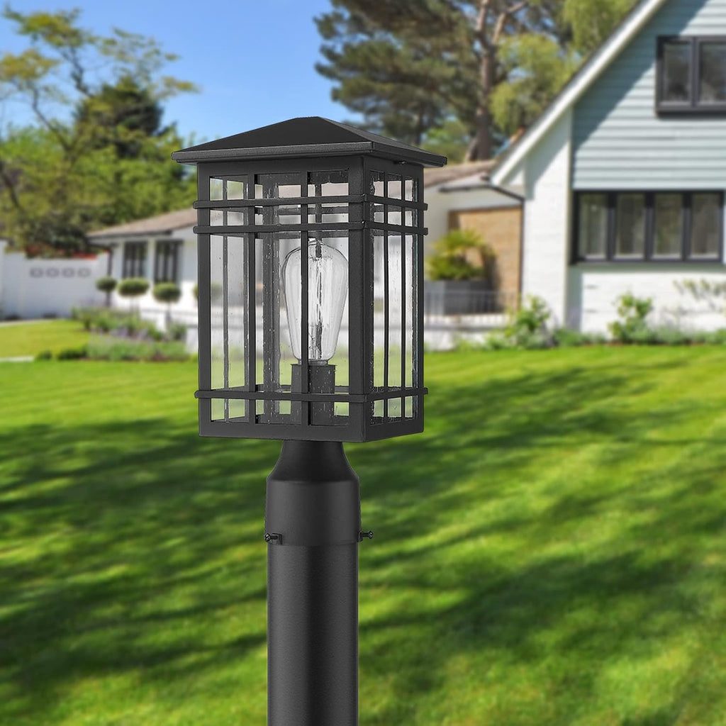 Black Seeded‑Glass Outdoor Post Lantern Fixture