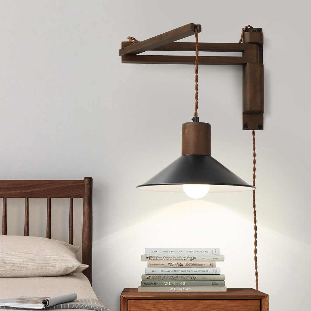 Farmhouse Wood Swing‑Arm Plug‑In Wall Lamp