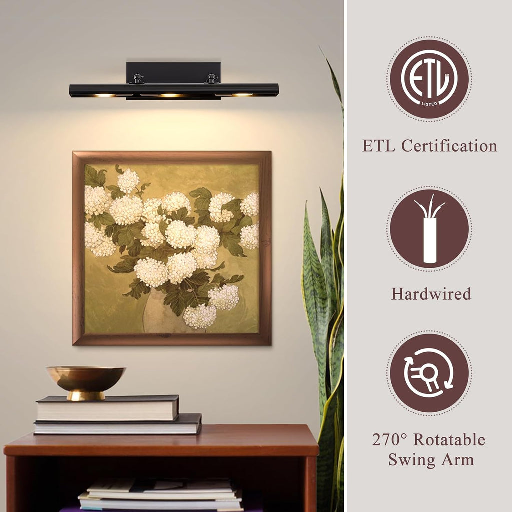 24‑Inch Black Hardwired 3‑Light Swing‑Arm Picture Light