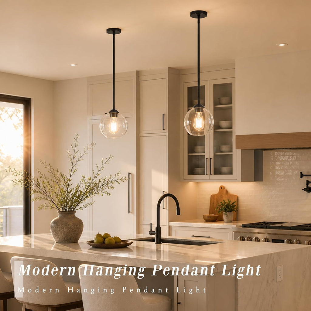 7‑Inch Matte‑Black Clear‑Globe Pendant Light 2‑Pack