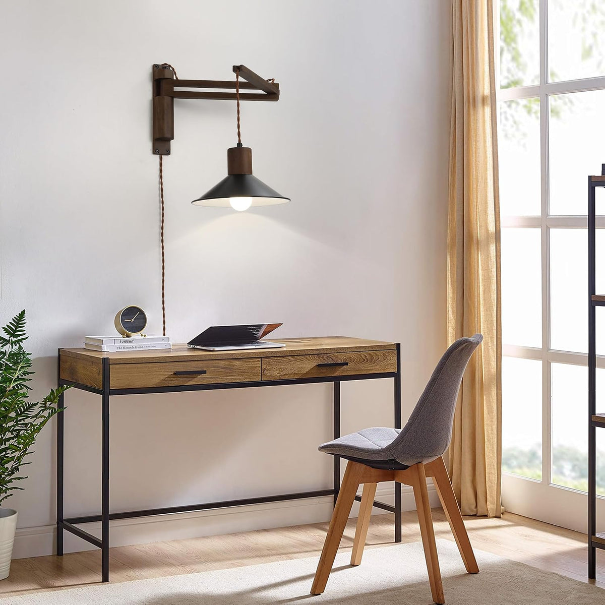 Farmhouse Wood Swing‑Arm Plug‑In Wall Lamp