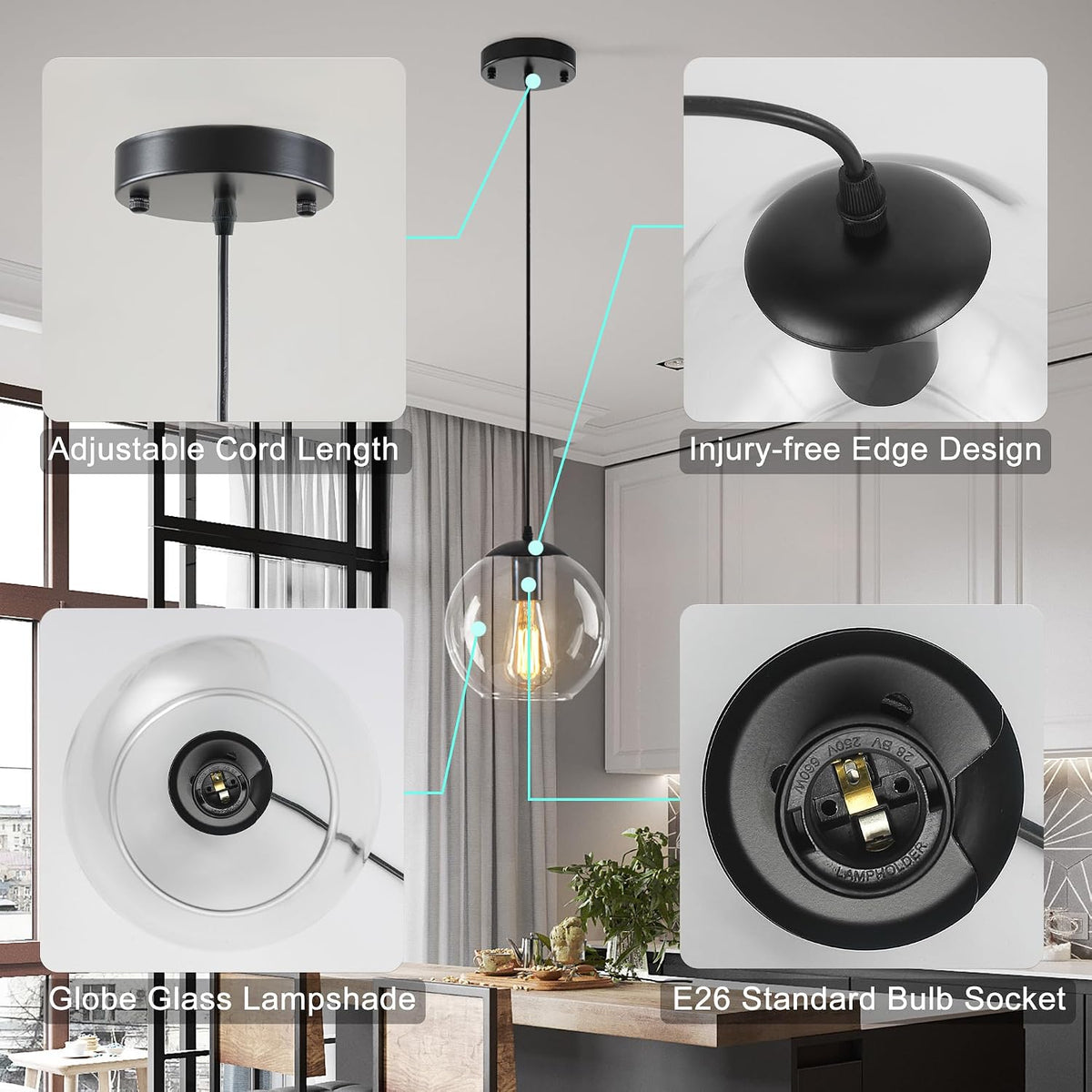 4.7‑Inch Black Clear‑Globe Cluster Pendant Light