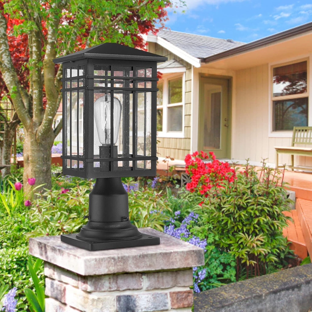 Black Seeded‑Glass Outdoor Post Lantern Fixture