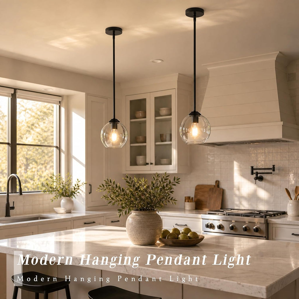 7‑Inch Matte‑Black Clear‑Globe Pendant Light 2‑Pack